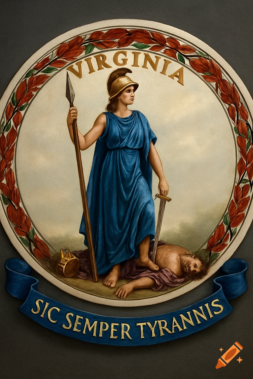 Highly detailed rendering of the Virginia state seal. Virtus stands with a spear and sword over a defeated tyrant. Text reads 'Virginia' and 'Sic Semper Tyrannis'.