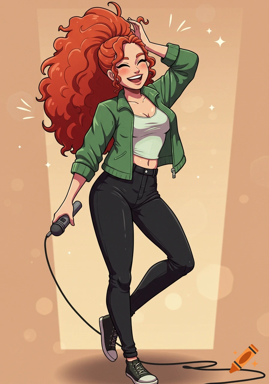 An animated woman with red curly hair smiles, holding a microphone, wearing a green jacket, white tank top, and black jeans.