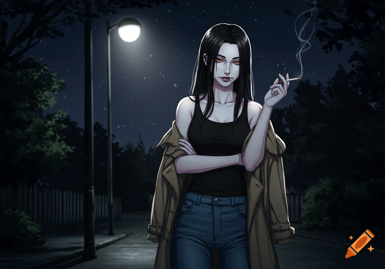 Anime style illustration of a pale-skinned woman with long black hair, smirking and smoking a cigarette at night under a street light.
