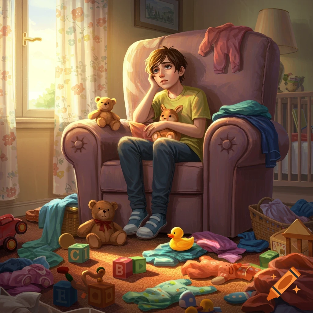 An overwhelmed young person sits in a messy, toy-filled room, rendered in an illustrative style.