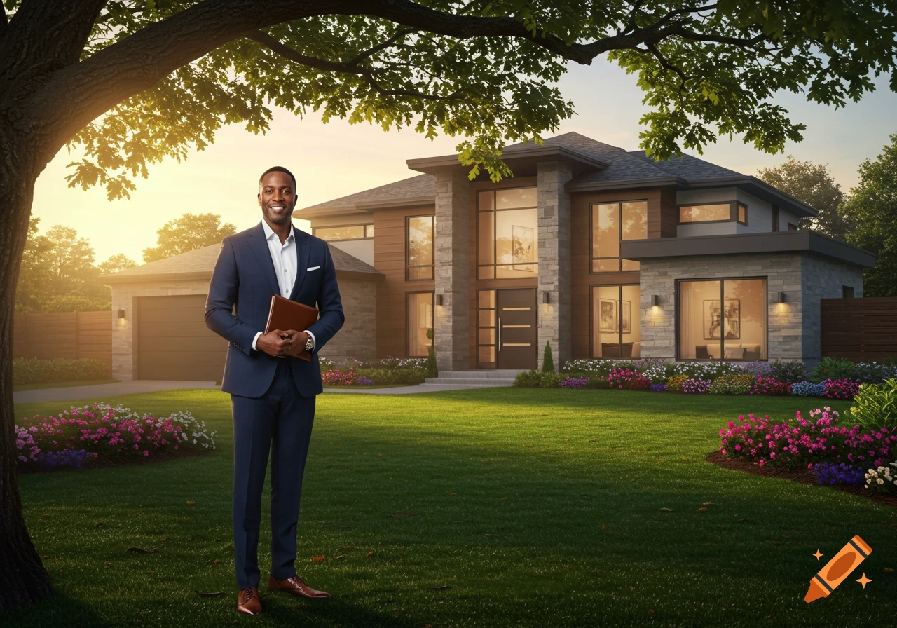 A smiling Black realtor in a blue suit stands in front of a large, modern house with a green lawn and colorful flowers at sunset.