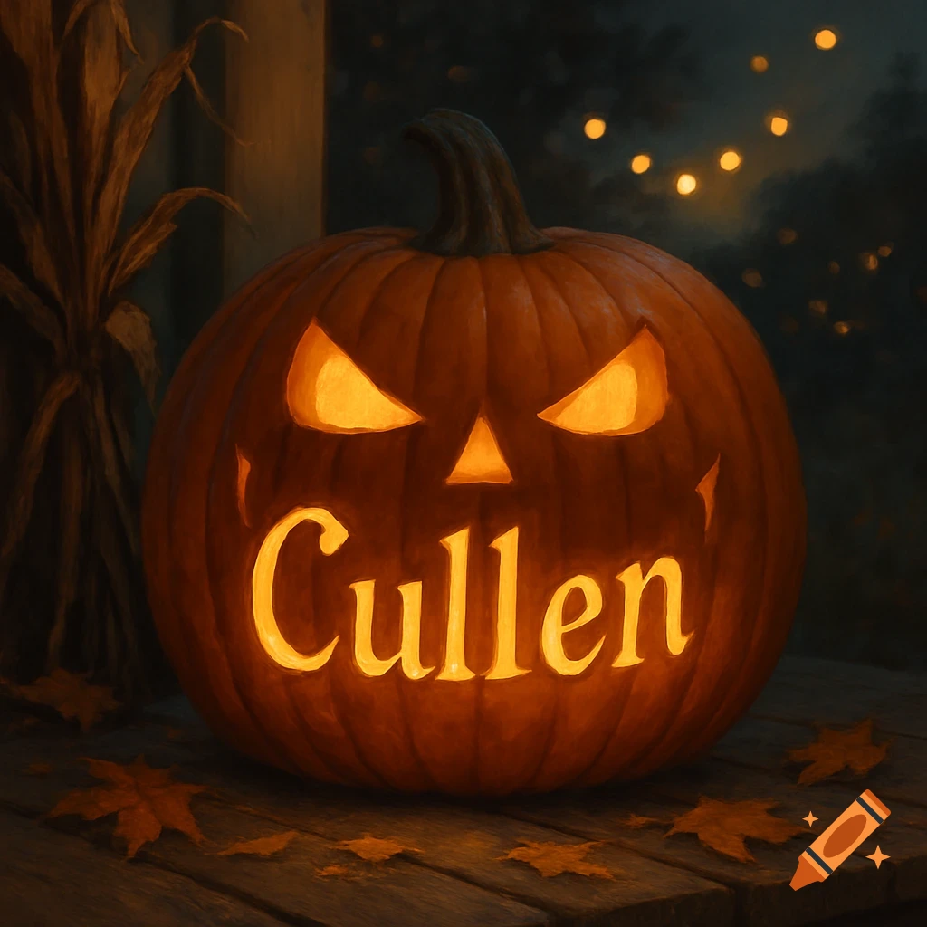 A glowing Jack-o'-lantern with the name 'Cullen' carved into it sits on a wooden surface with fallen autumn leaves at night.