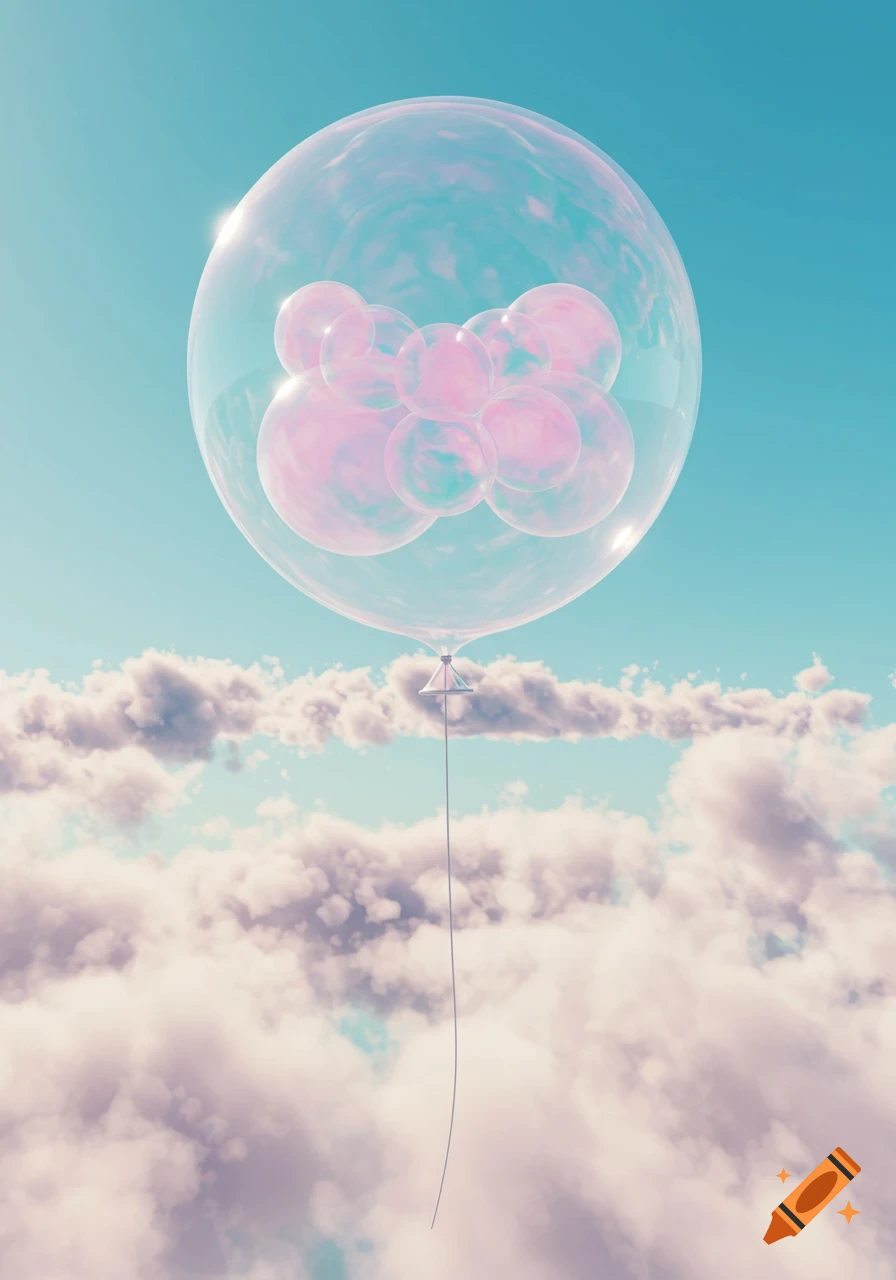 A large transparent balloon filled with iridescent pink and blue bubbles floats above fluffy pastel clouds in a blue sky.