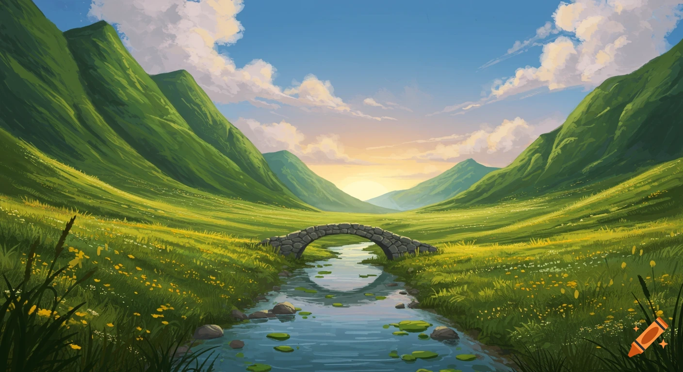 A vibrant valley with green mountains, a stone bridge over a river, and a colorful sunset in a painterly style.