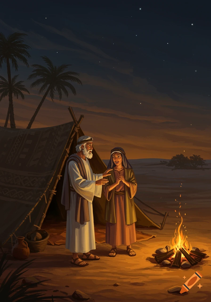 An old man and a woman stand by a campfire outside a desert tent at twilight in an illustration.