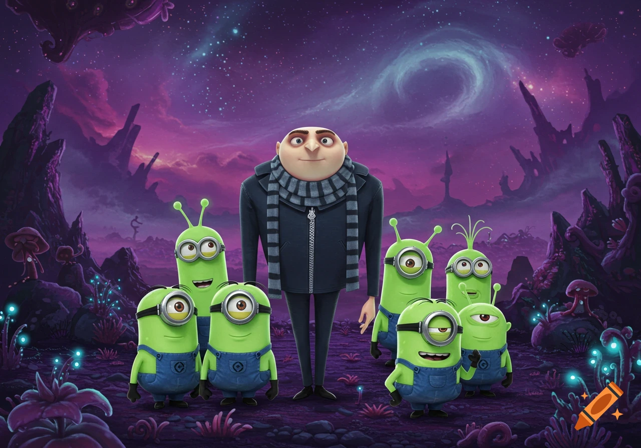 Gru stands with green alien Minions on a purple, otherworldly planet under a swirling galaxy sky, animated style.