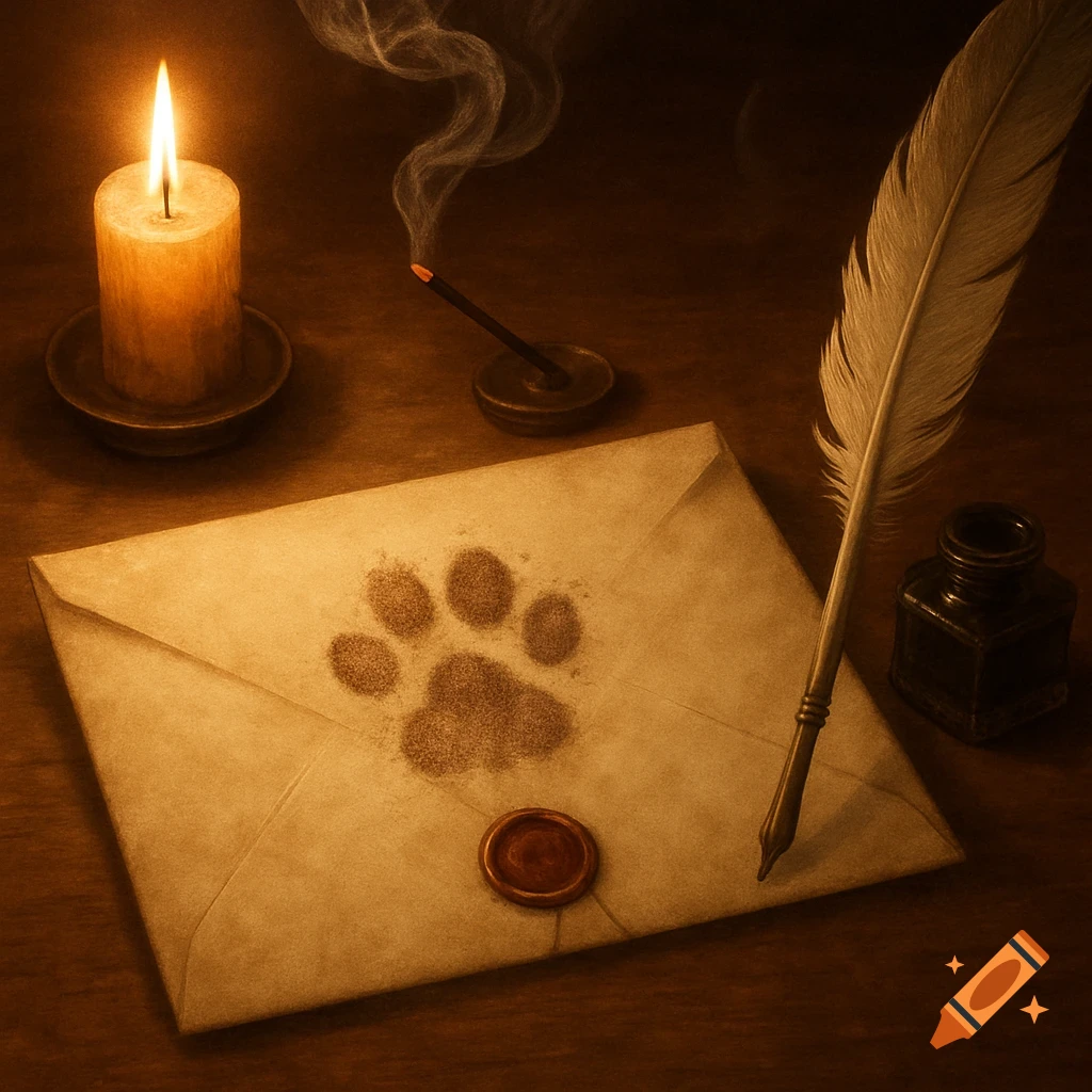 Vintage still life of a lit candle, smoking incense, an old letter with a cat paw print and wax seal, quill, and inkwell.