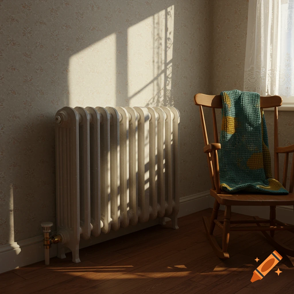 A sunlit room with a white radiator, a wooden rocking chair draped with a teal and yellow blanket, and patterned wallpaper.