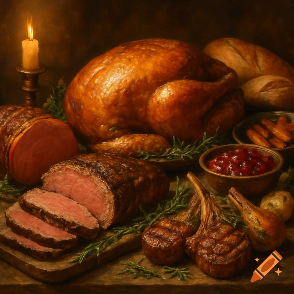 A richly detailed still life painting of a bountiful feast with roasted turkey, sliced beef, ham, lamb chops, cranberry sauce, and bread, lit by candlelight.