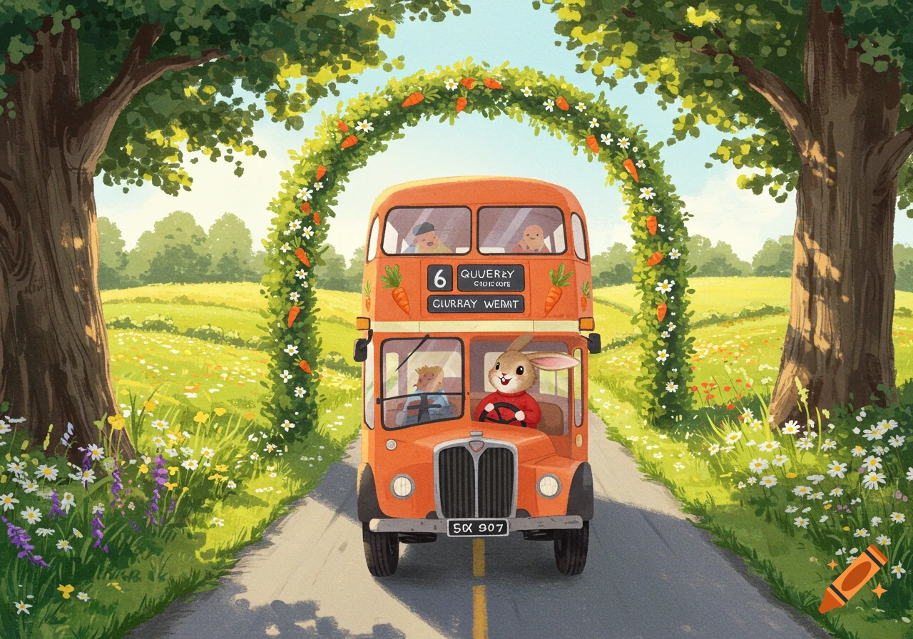 A cute rabbit in a red jumper drives an orange double-decker bus down a road through a sunny, flower-filled countryside archway.