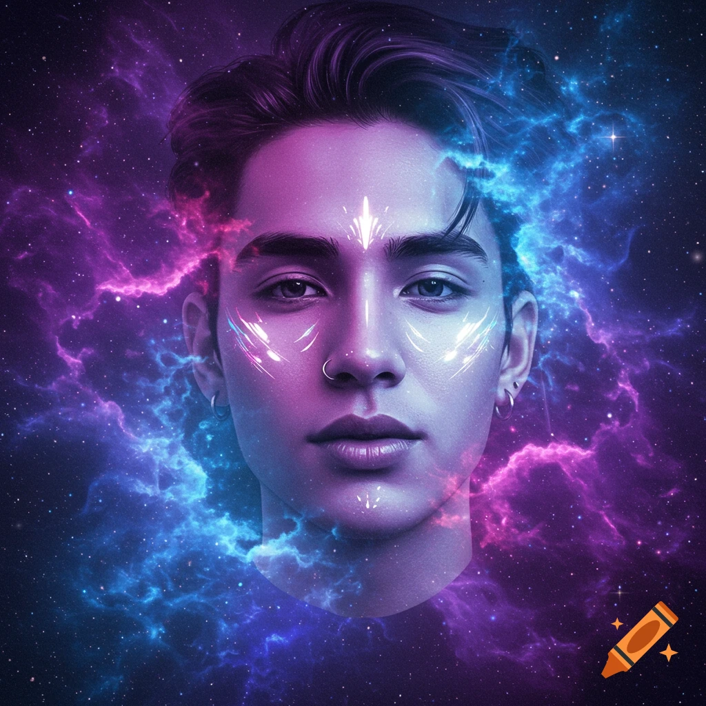 Digital portrait of a person with glowing white markings on their face, set against a vibrant purple and blue cosmic nebula.