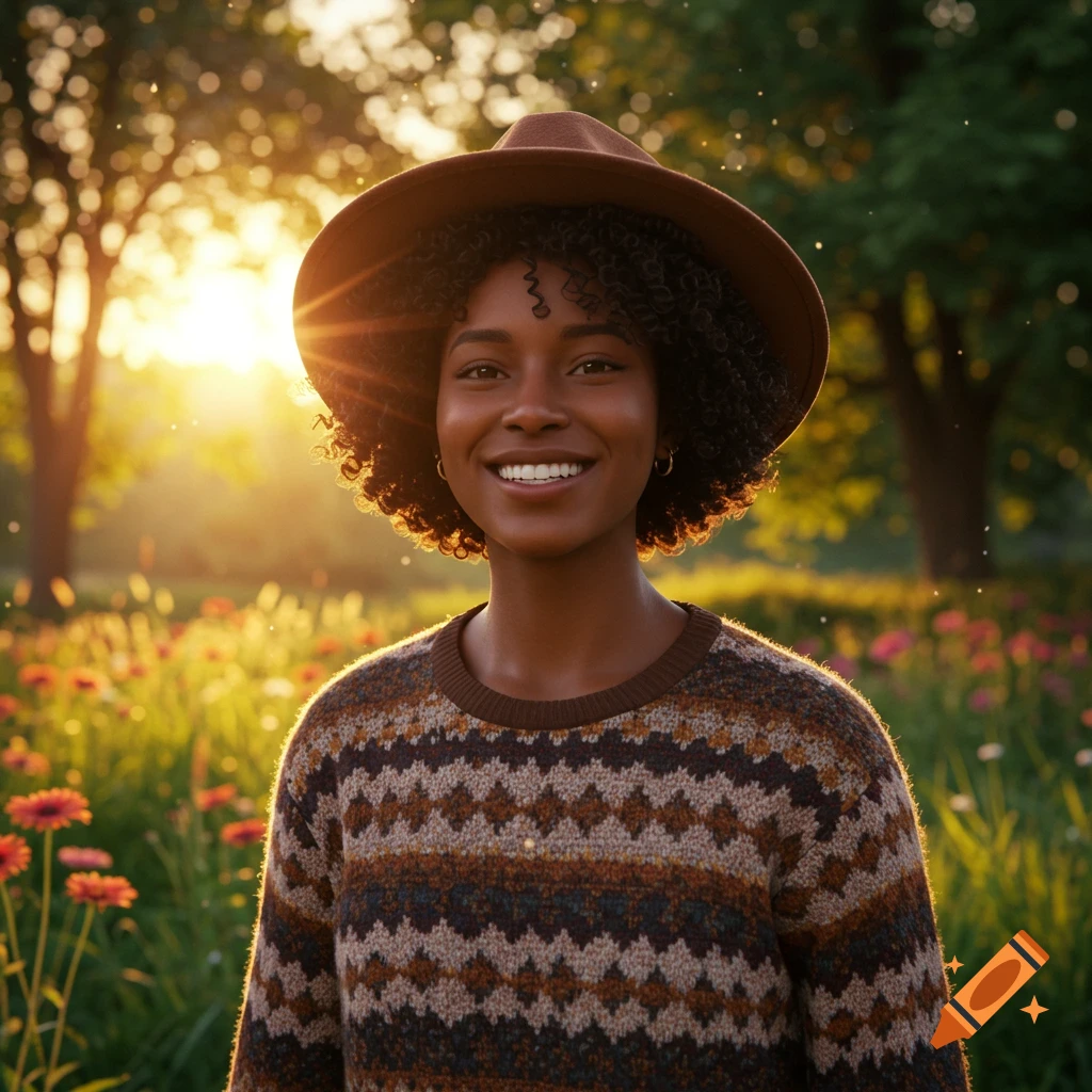 Smiling woman in a brown hat and patterned sweater in a sunlit field of flowers at sunset.