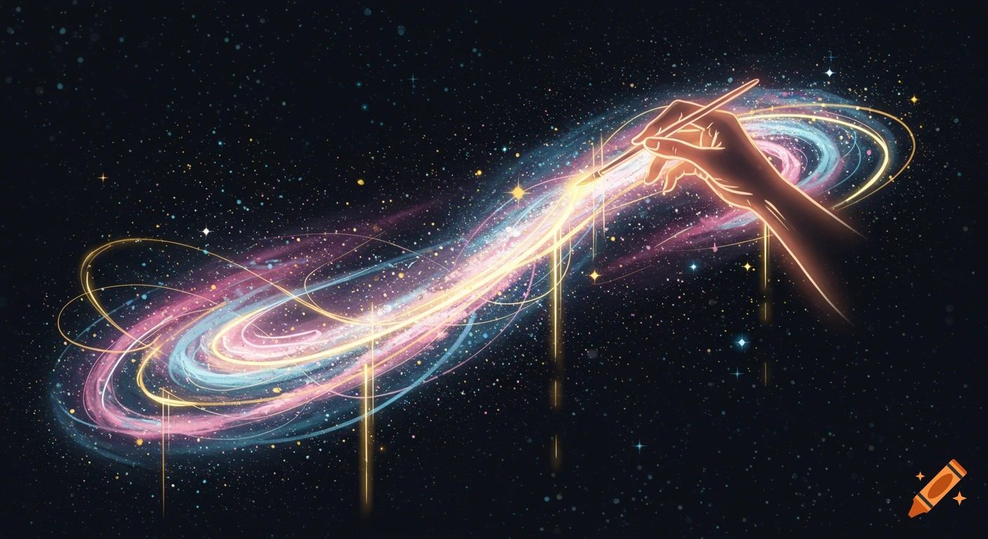 A glowing hand paints colorful light trails creating a galaxy-like swirl in dark, starry space. Stylized illustration.