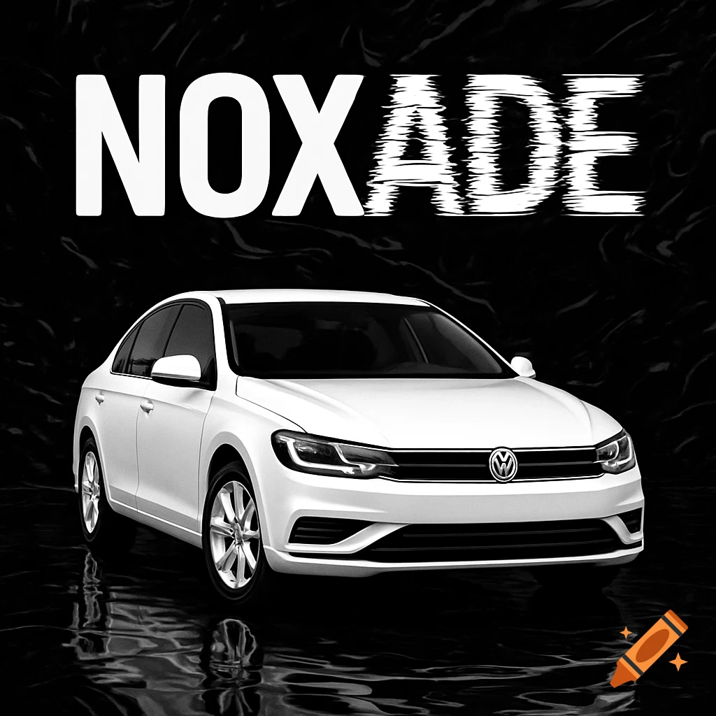 White sedan with 'NOXADE' text above, on a black reflective distorted ground. Monochromatic, photorealistic style.
