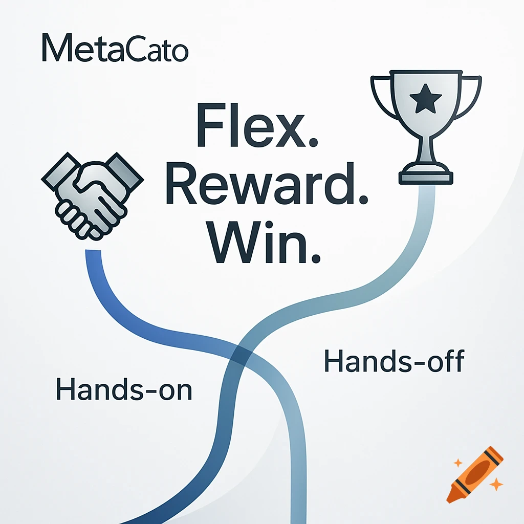 A graphic for MetaCato with the text "Flex. Reward. Win." and two curved paths labeled "Hands-on" leading to a handshake icon and "Hands-off" leading to a trophy icon.