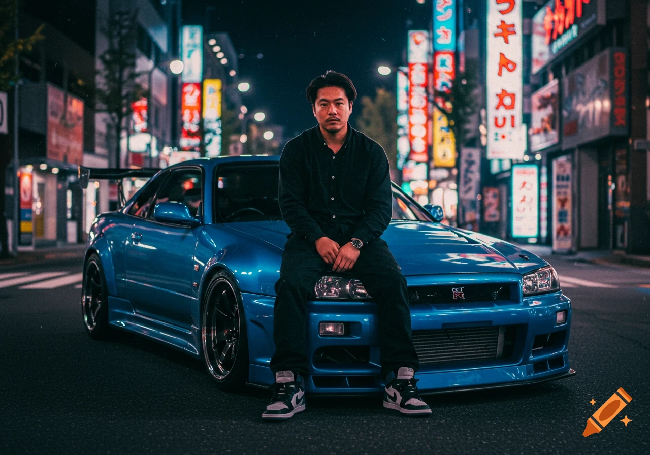 Man in black shirt and jeans sitting on a blue Nissan GT-R R34 sports car on a Tokyo street at night, illuminated by neon signs, vintage style.