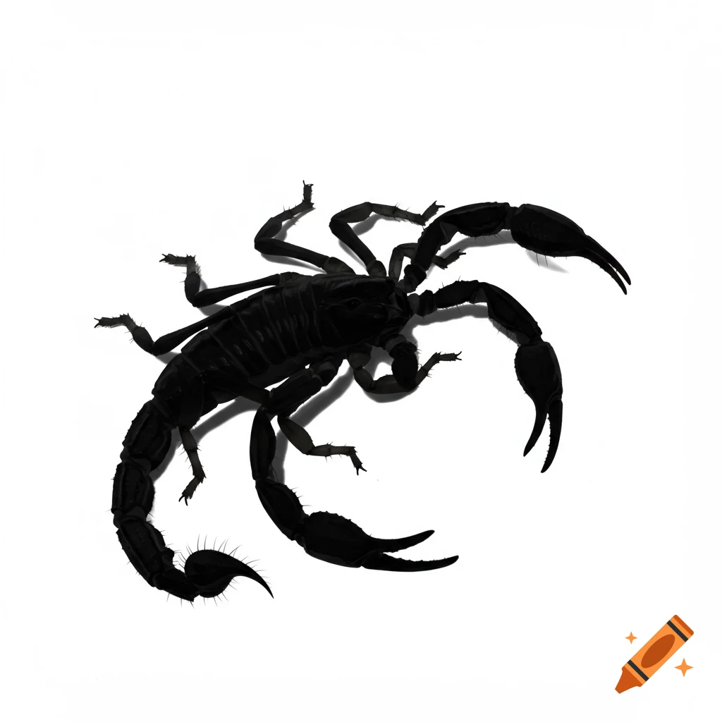 A black silhouette of a scorpion in a dynamic pose on a white background, viewed from above.