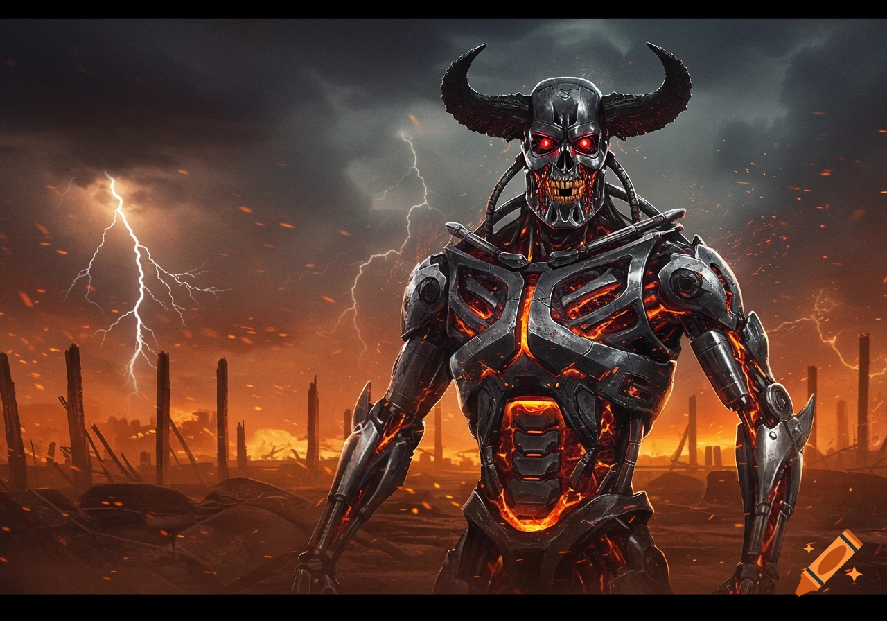 A demonic Terminator-like exoskeleton with glowing red eyes and a fiery core stands in a stormy, burning, desolate landscape with lightning.