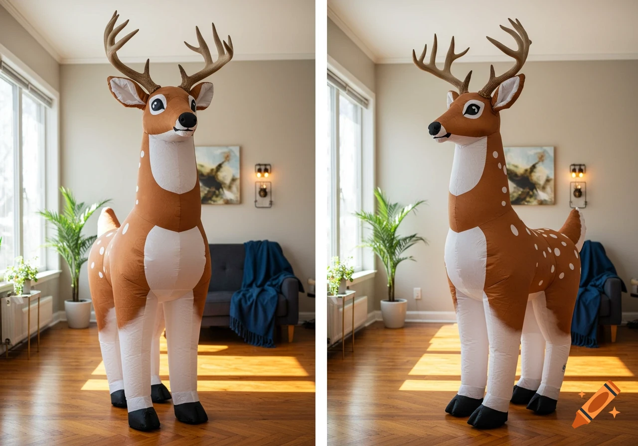Two photorealistic large inflatable deer costumes, one forward and one side-facing, stand in a sunlit living room with wooden floors.