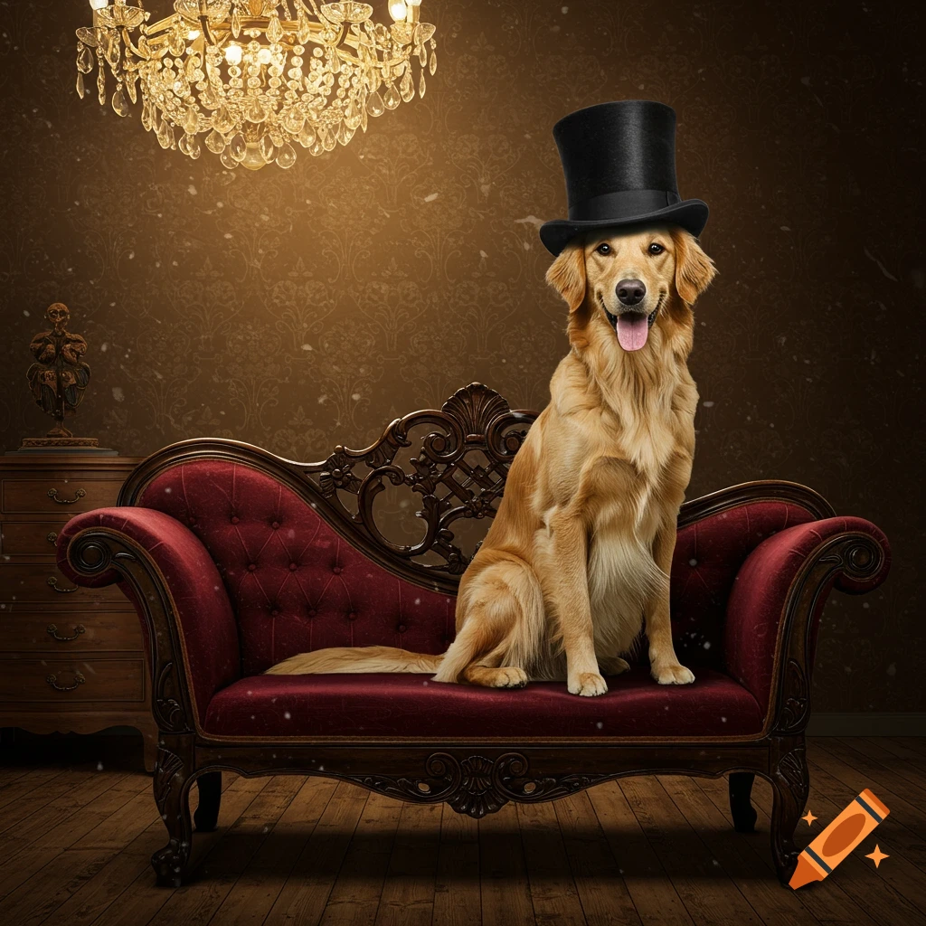 A golden retriever dog wearing a black top hat sits elegantly on a red velvet chaise lounge in an ornate room.