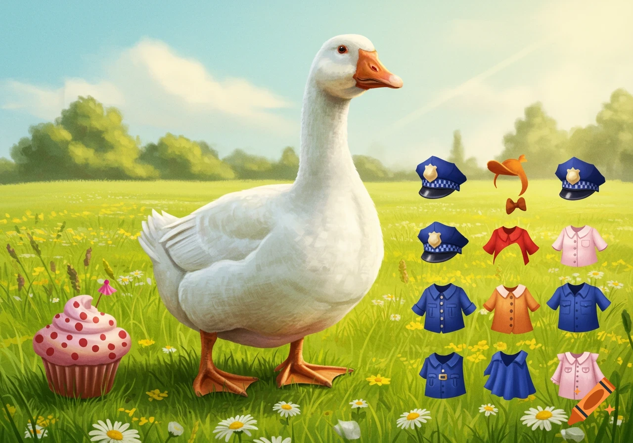 An illustration of a white goose in a grassy field, surrounded by a pink cupcake and various cartoon costume items including police hats and shirts.