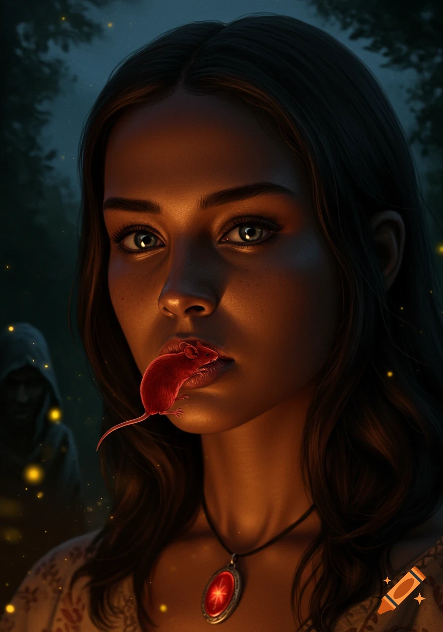 Photorealistic portrait of a woman with a red mouse in her mouth, gazing at a glowing amulet in a dark, firefly-lit forest.