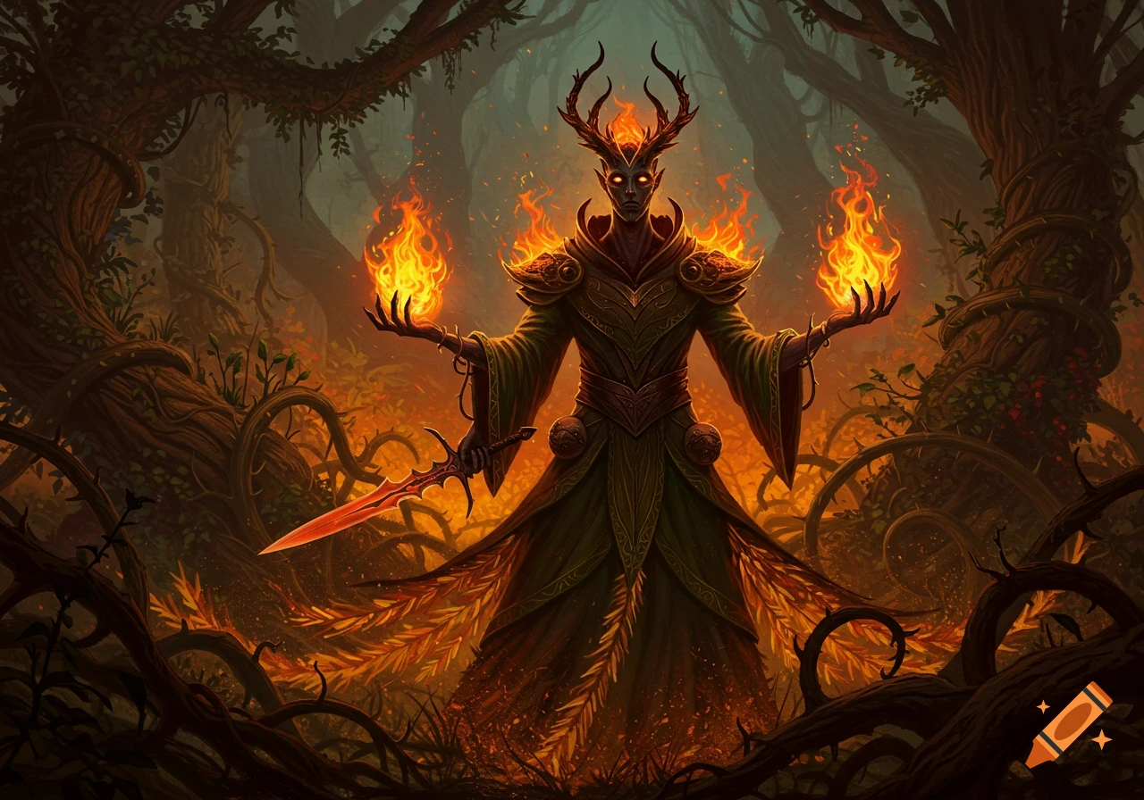 A horned, cloaked figure with glowing eyes stands in a dark, tangled forest, holding fire in its hands and a dagger. Fantasy art.