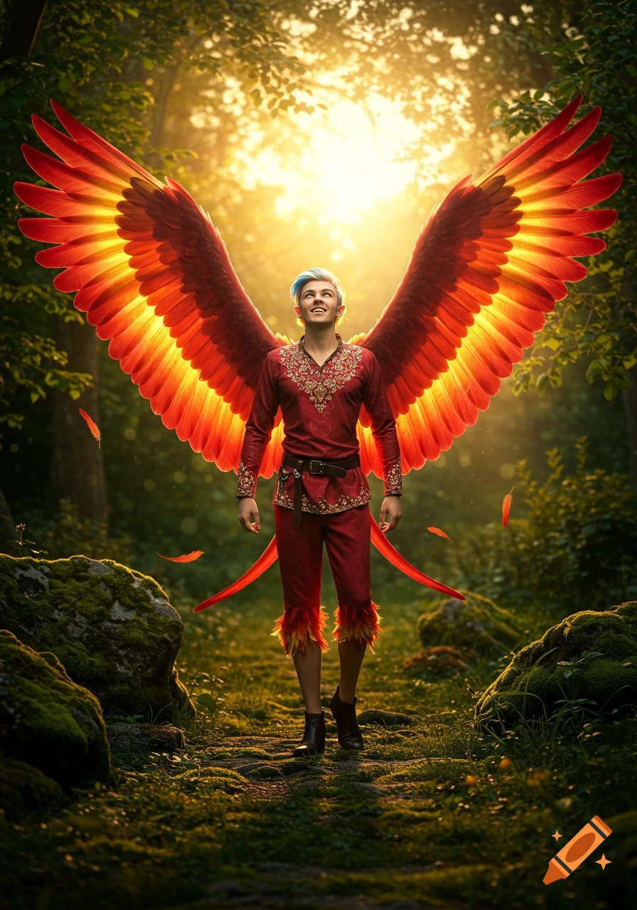 A smiling man with fiery red-gold wings stands on a sunlit forest path, wearing a red tunic.