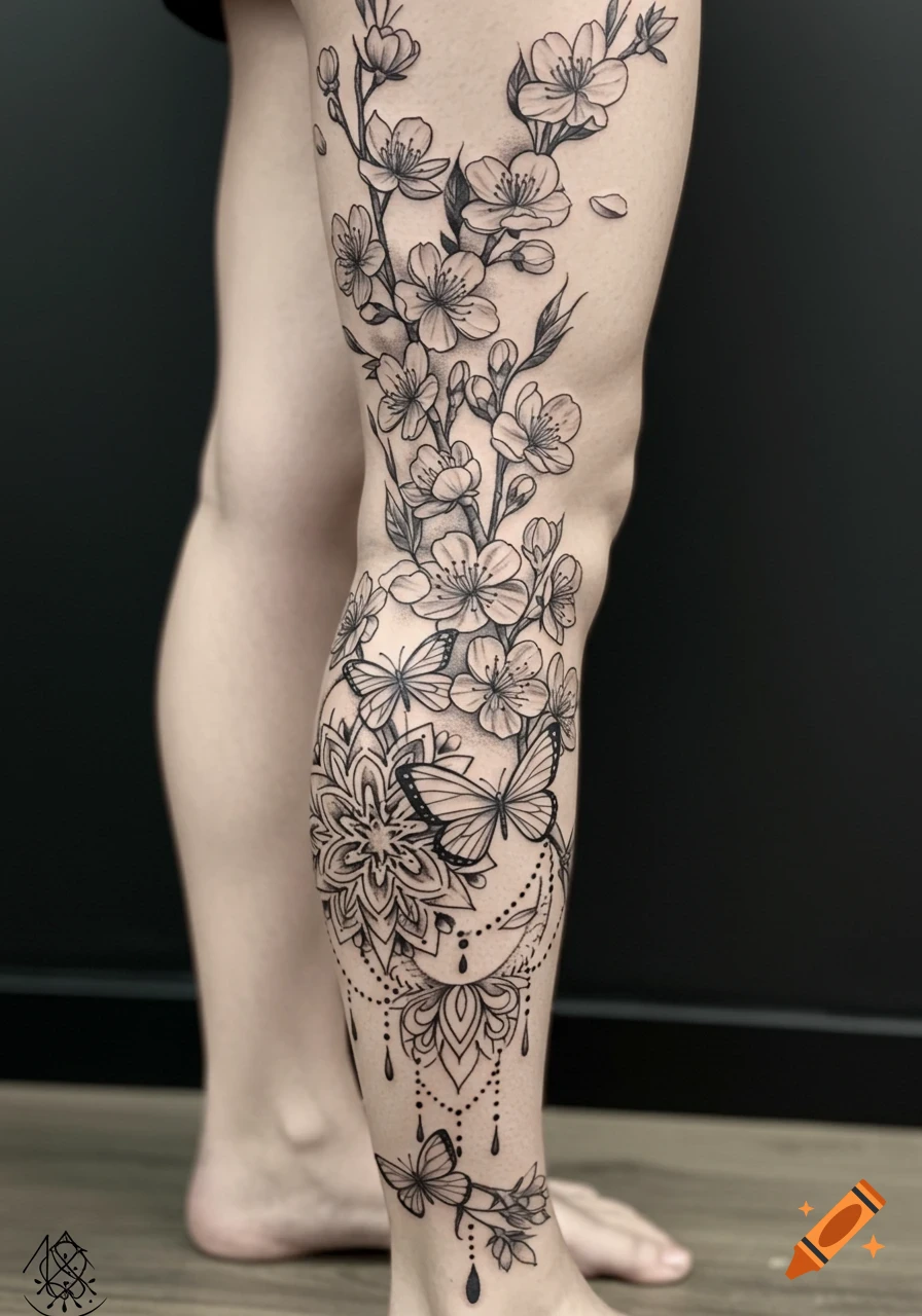 Detailed black and grey leg tattoo sleeve with cherry blossoms, butterflies, and mandala patterns.