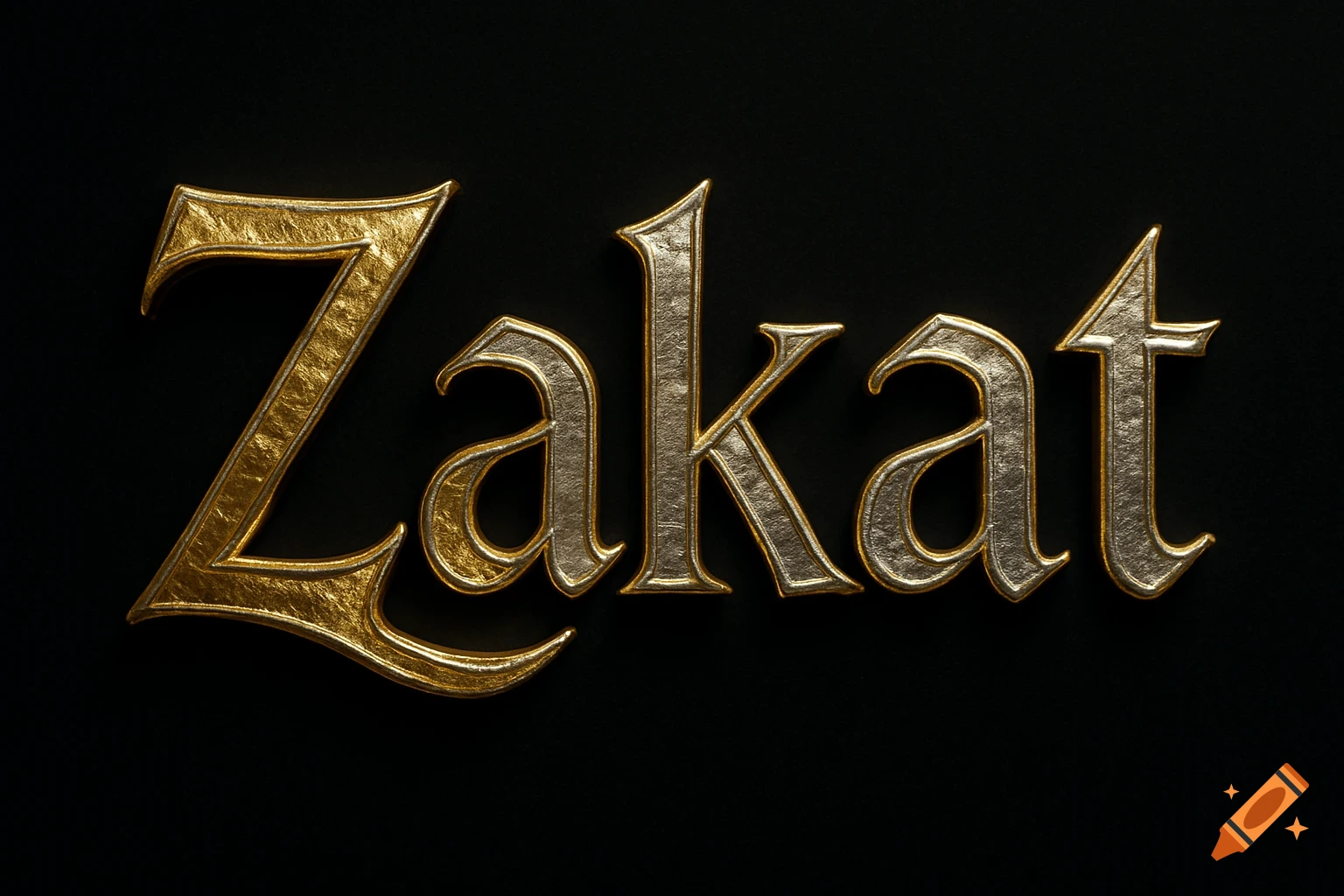 Ornate 3D letters spelling 'Zakat' in textured gold and silver on a black background.