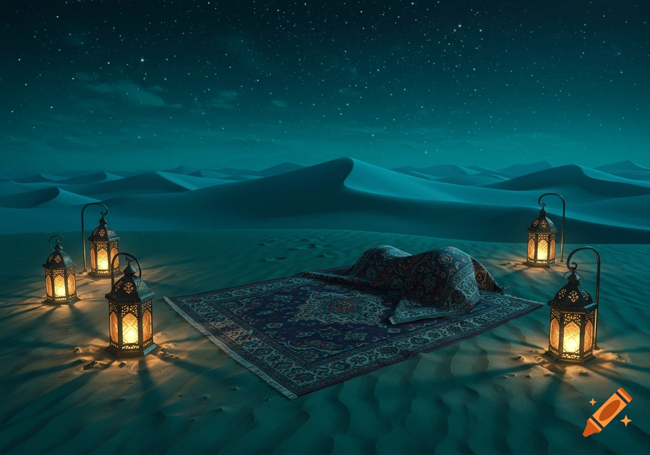 An ornate rug on desert sand at night, surrounded by glowing lanterns under a starry sky.