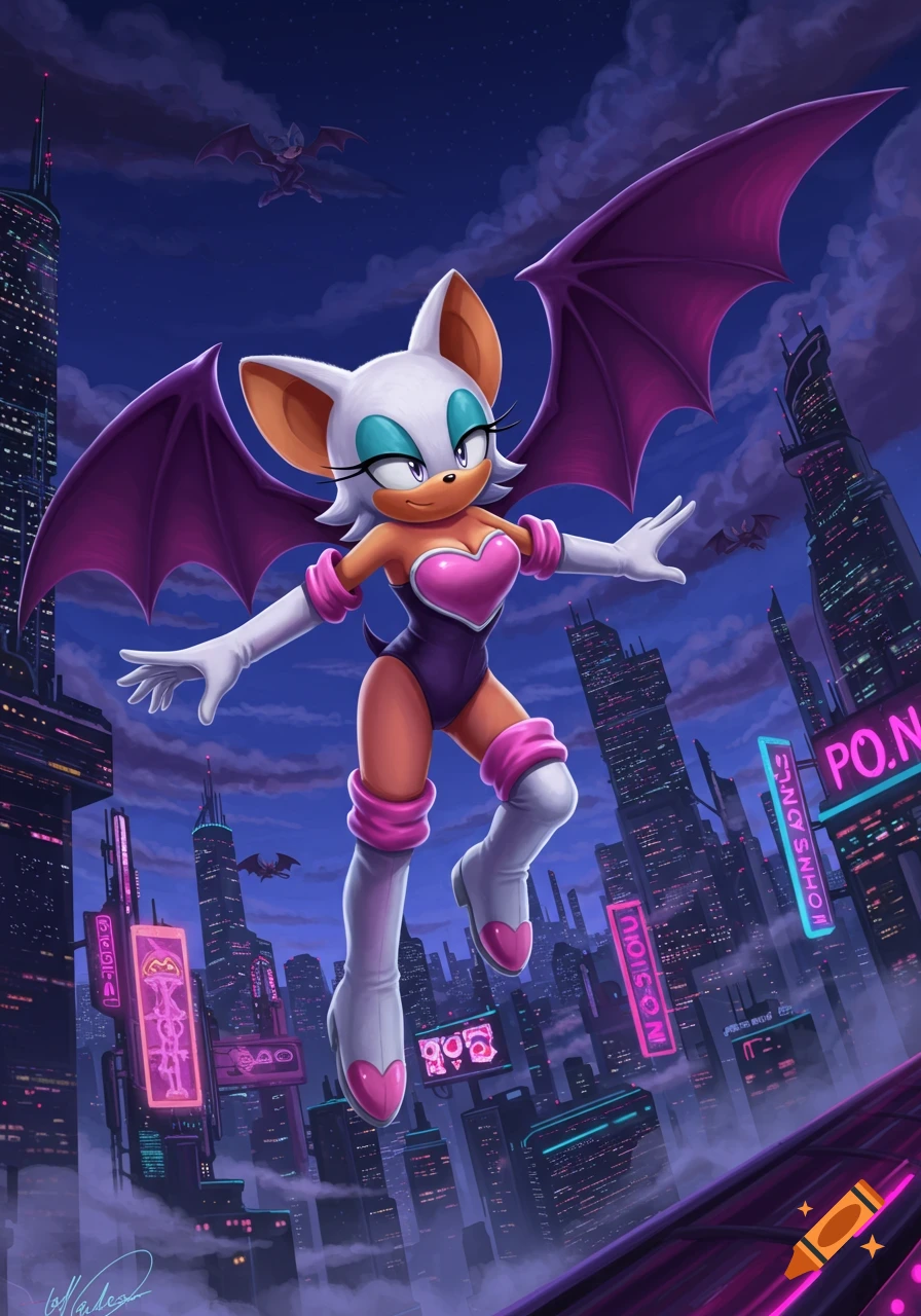 Rouge the Bat with purple wings glides through a neon-lit cyberpunk city at night.