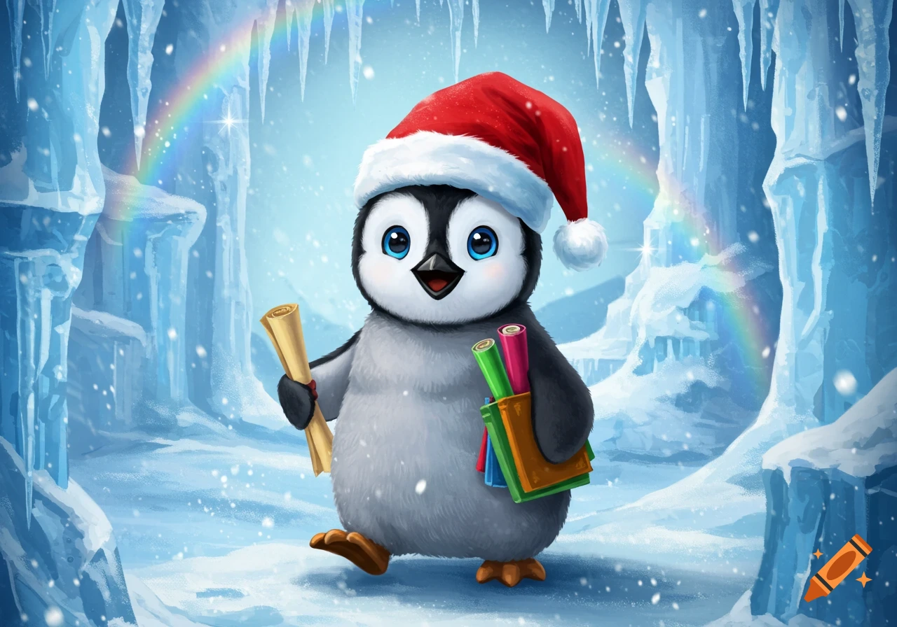 A cute cartoon penguin wearing a Santa hat holds a scroll and colorful books in a snowy, icy landscape with a rainbow.