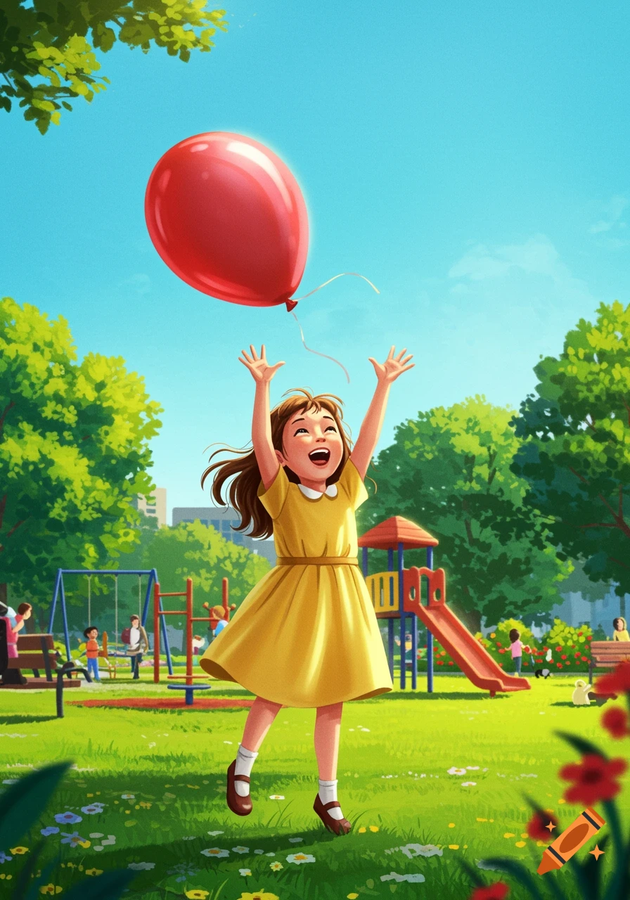 A cartoon young girl in a yellow dress reaches for a red balloon floating away in a sunny park with a playground.