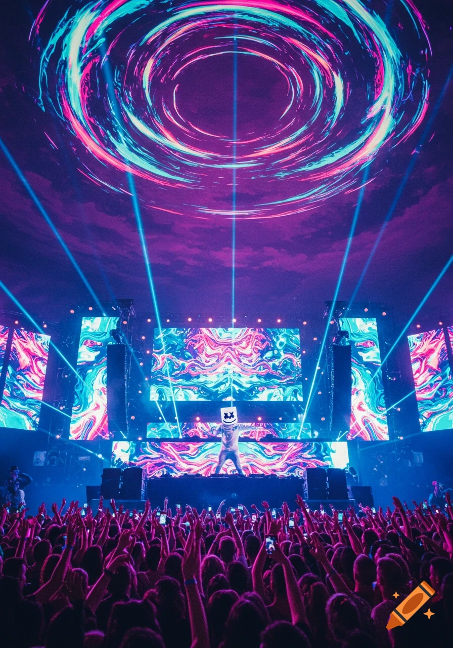 DJ Marshmello performs on a vibrant stage with neon lights and swirling visuals to a large, energetic crowd.