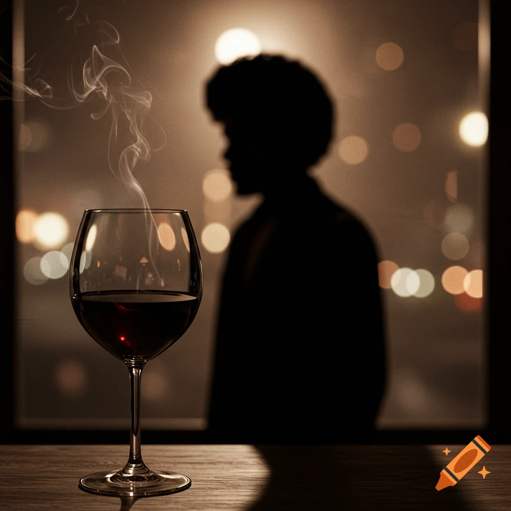 Noir-style image of a glass of red wine with smoke in front of a silhouette of a person with an afro and blurry city lights.
