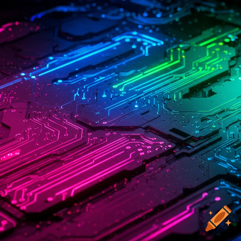 Close-up of a dark circuit board illuminated with glowing lines of neon pink, blue, and green light, creating a futuristic tech design.