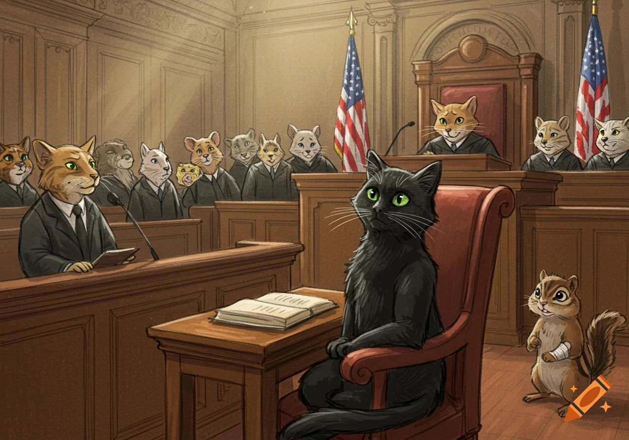 Drawing of anthropomorphic cats in a courtroom, with a black cat at the defendant's table and a chipmunk with a bandaged arm.