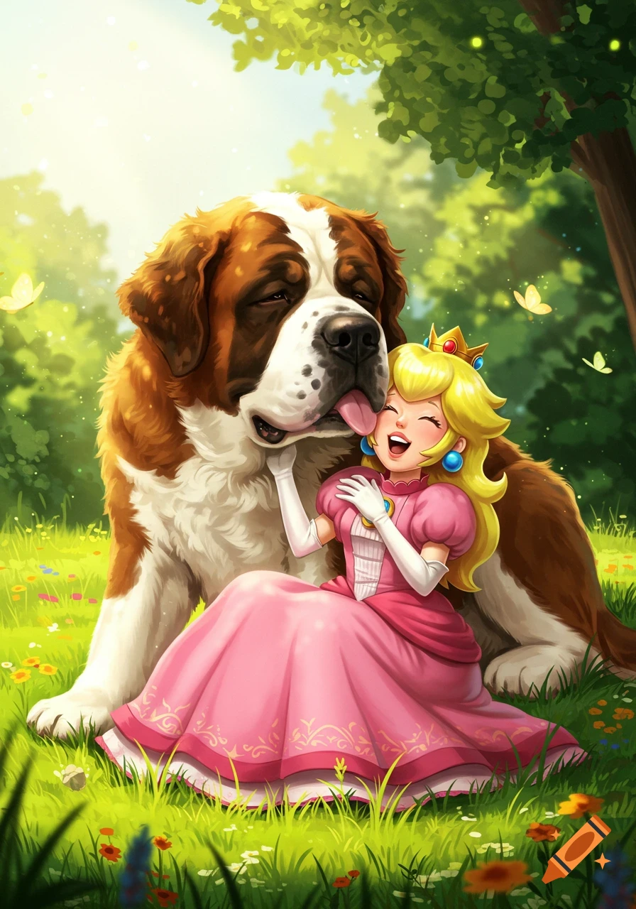 Princess Peach joyfully hugs a large Saint Bernard licking her face in a sunny grassy field, digital illustration.