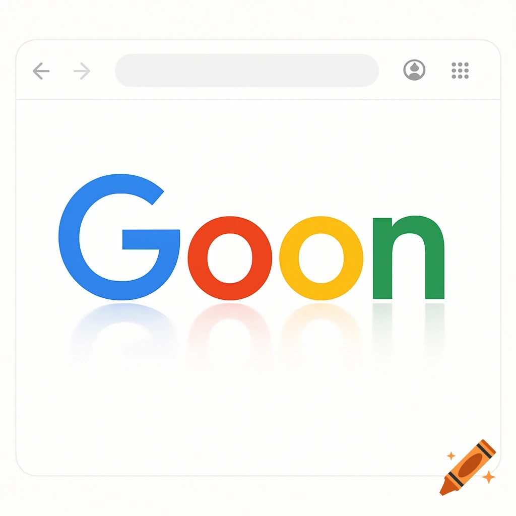 A browser window displaying the word 'Goon' in the style of the Google logo, with colorful letters and a reflection.