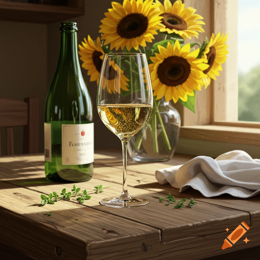 A glass of white wine and a green bottle on a rustic wooden table with a bouquet of sunflowers in a vase by a window.
