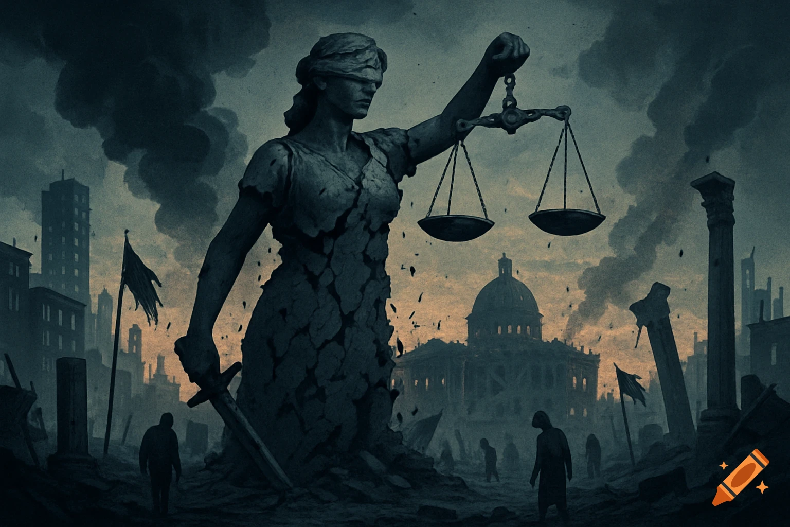Crumbling Lady Justice statue with scales and sword in a ruined, smoky city. Silhouetted figures wander through debris.