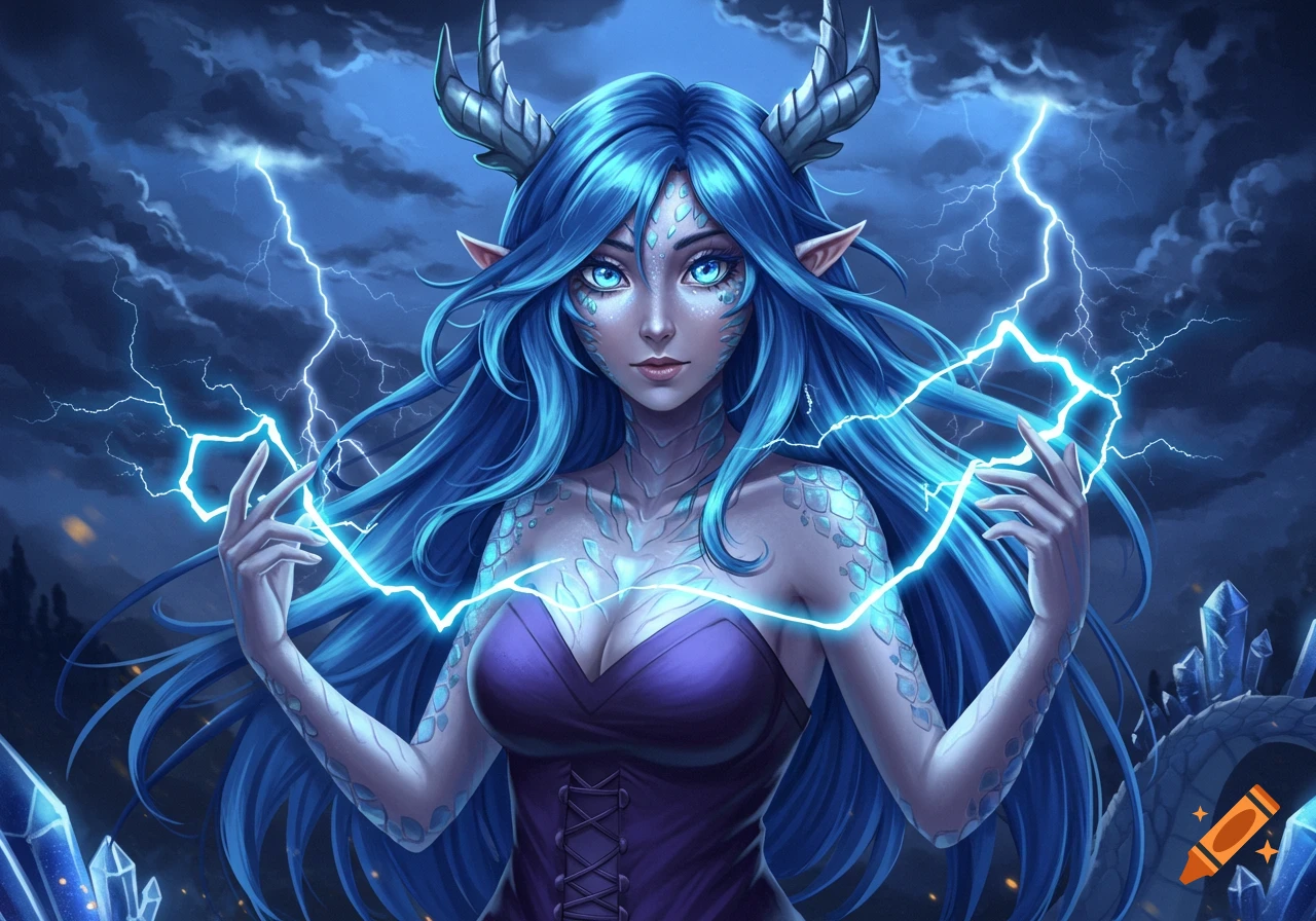Anime dragon girl with blue hair, glowing blue eyes, scales, and horns, conjuring lightning against a stormy night sky.