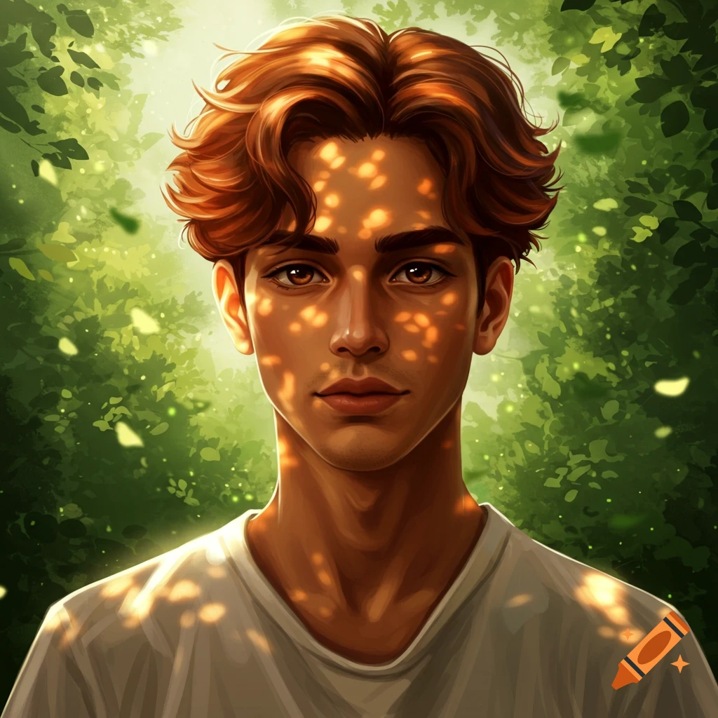 Digital art portrait of a young man with brown hair and eyes, illuminated by dappled sunlight through green leaves.