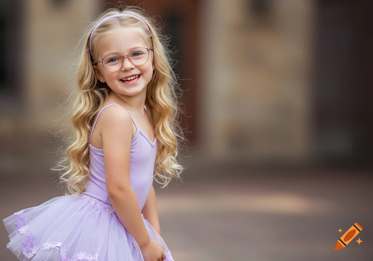 Photorealistic portrait of a smiling young blonde girl in a pale purple ballerina tutu and glasses.
