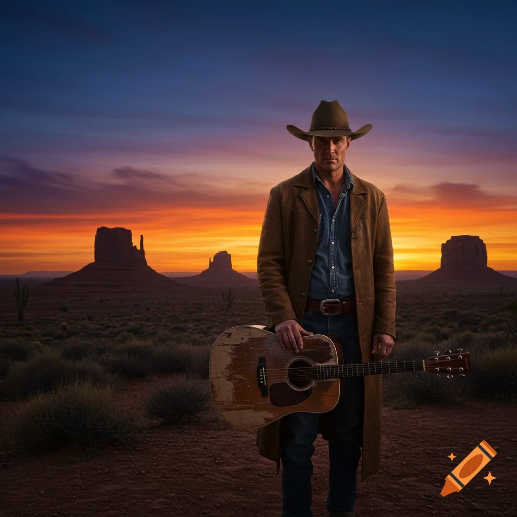 A cowboy with a worn acoustic guitar stands in a vast desert landscape with mesas at sunset.