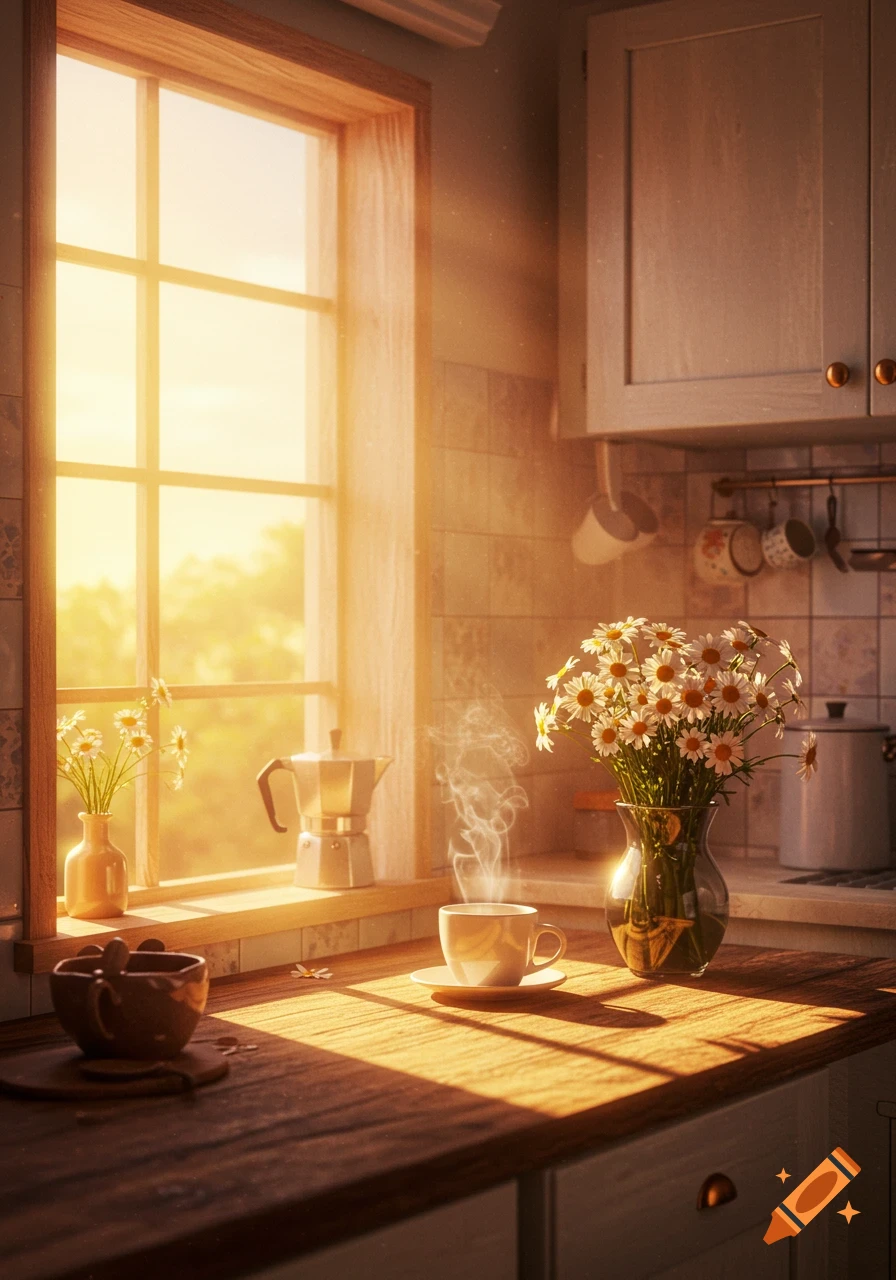 Photorealistic image of a sunny kitchen counter with a steaming coffee cup, a vase of daisies, and a moka pot by a window.