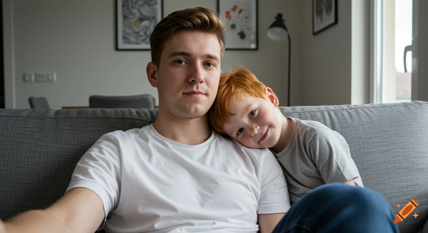 Photorealistic selfie of a young man and a ginger boy on a grey couch indoors, the boy leaning on the man's shoulder.