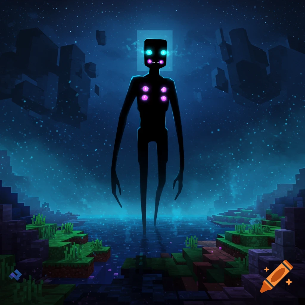 A dark, tall Enderman with glowing blue eyes and four pink chest lights stands in a blocky, watery, cosmic landscape with floating islands.