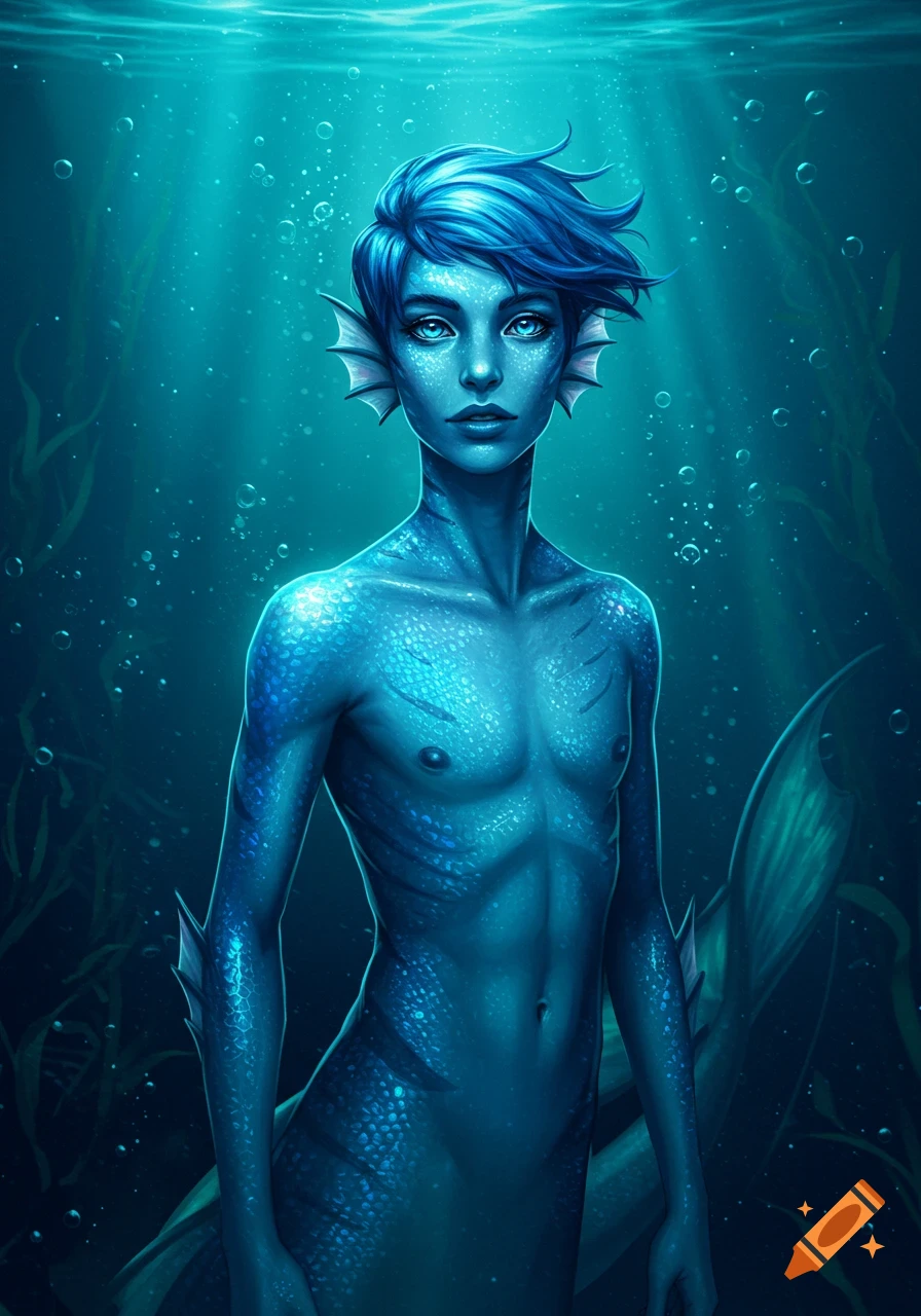 Digital painting of a blue-skinned merman with blue hair and scales, standing underwater with light rays and bubbles.